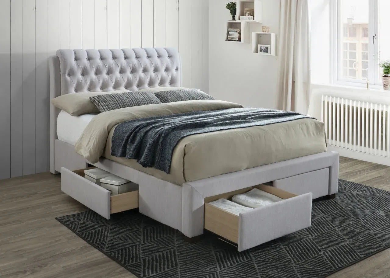 Double Bed with 4 Drawers - Stone, Fabric