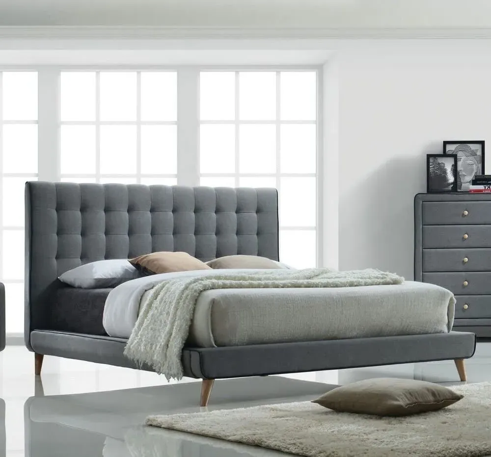 Double Bed with Buttoned Headboard - Grey, Fabric image