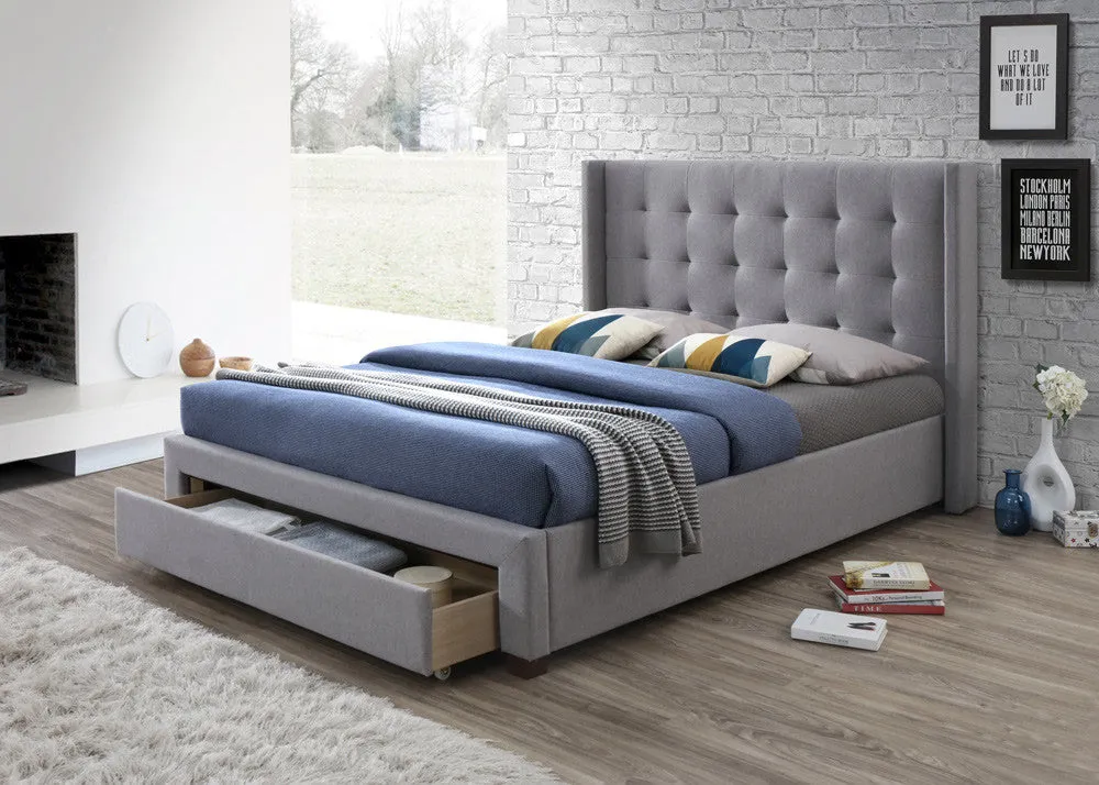 Double Bed with Front Drawer - Grey, Fabric image