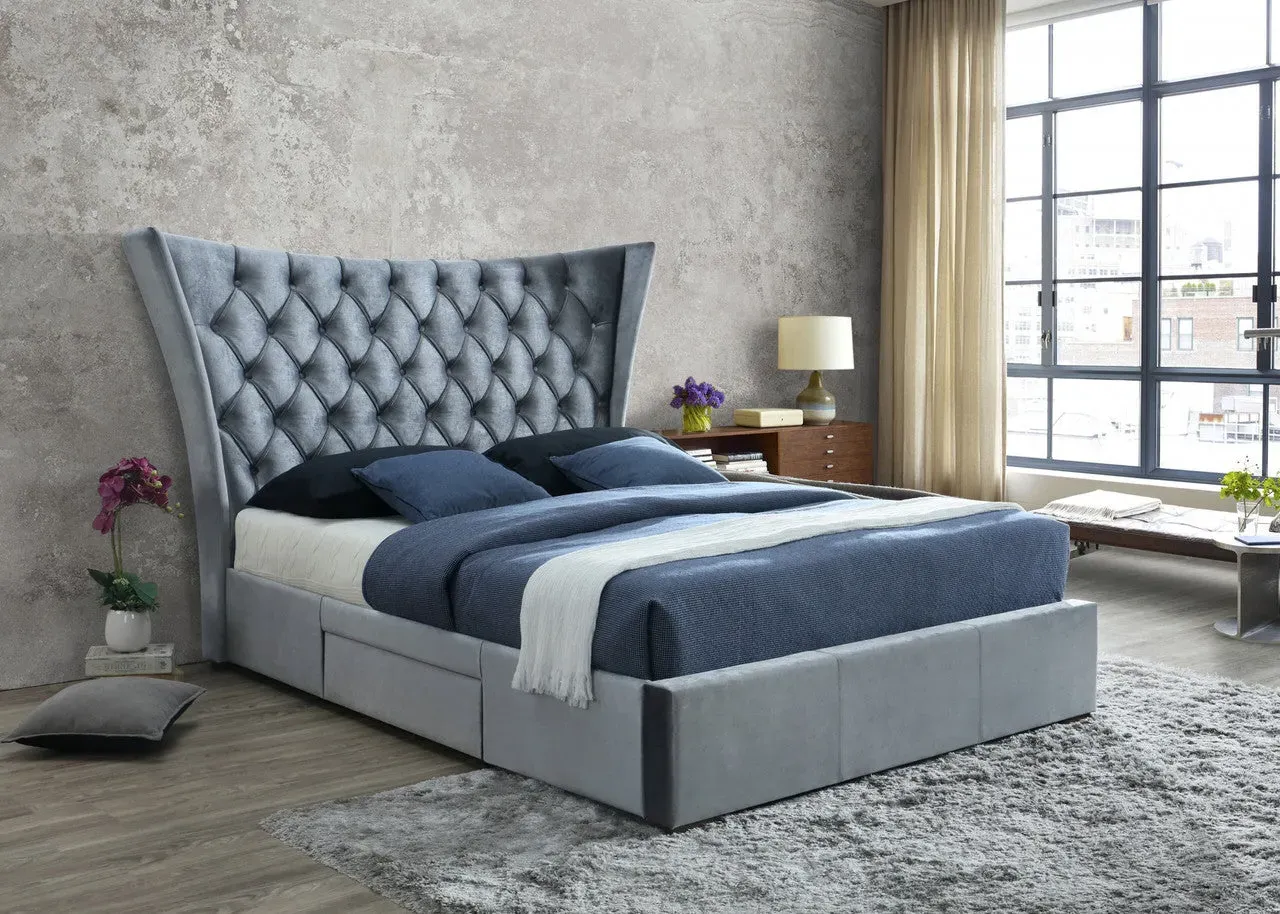 Double Bed with Storage - Silver, Fabric