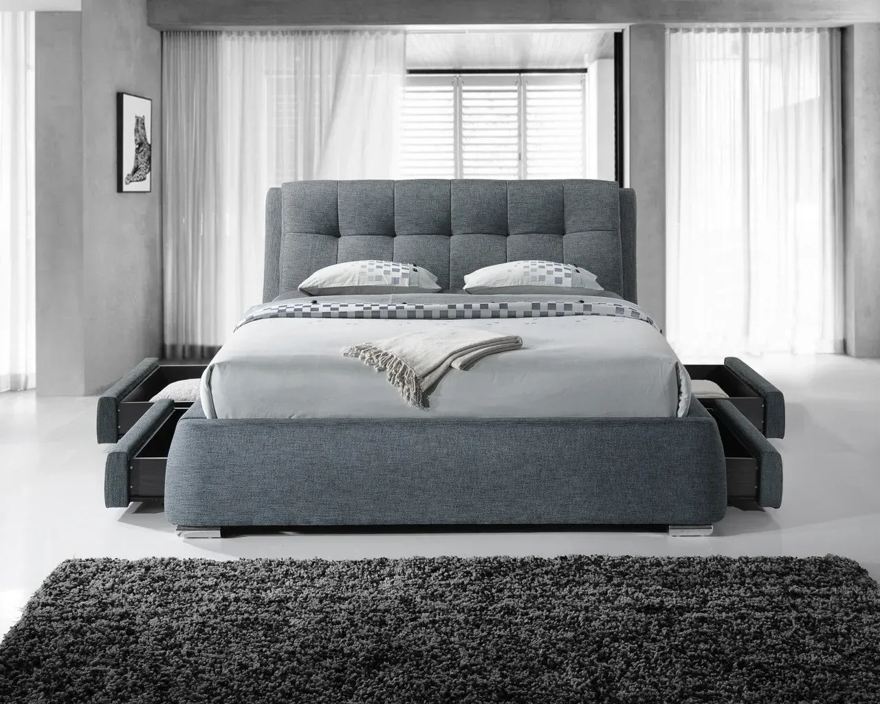 King Size Bed with 4 Drawers - Grey, Fabric