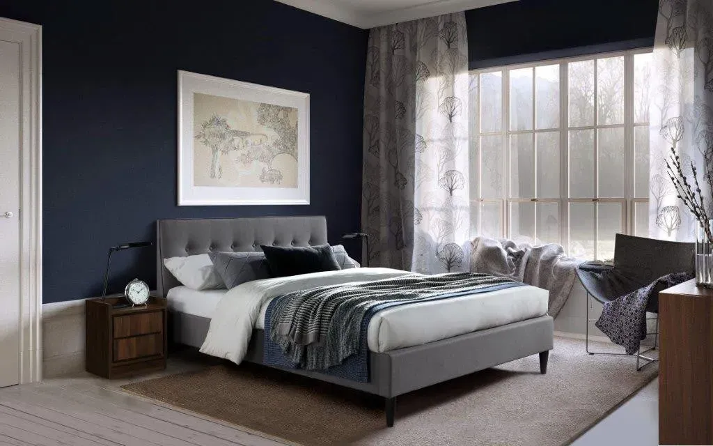 King Size Bed with Button Headboard - Grey, Fabric