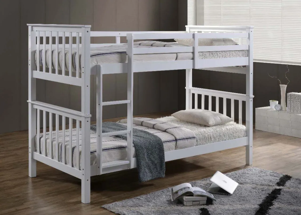 Twin Bunk Bed with Safety Rail - White Wood