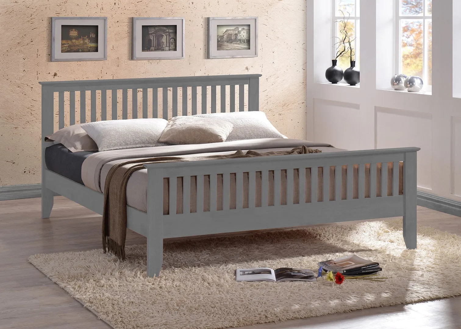 Double Bed Frame Shaker Style - Grey, Wood