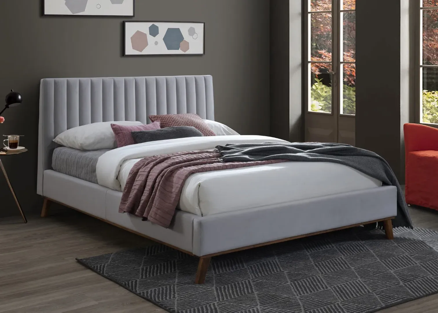 Double Bed Frame Upholstered - Light Grey, Fabric image