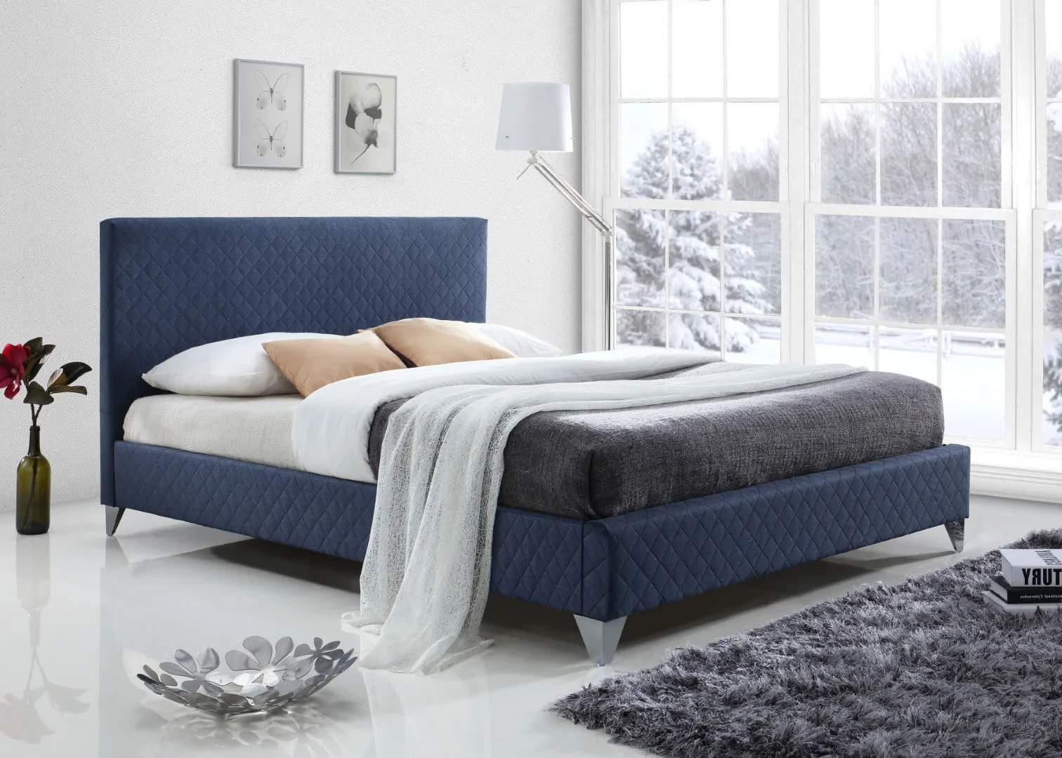 Double Bed Frame with Diamond Stitch - Blue, Fabric image