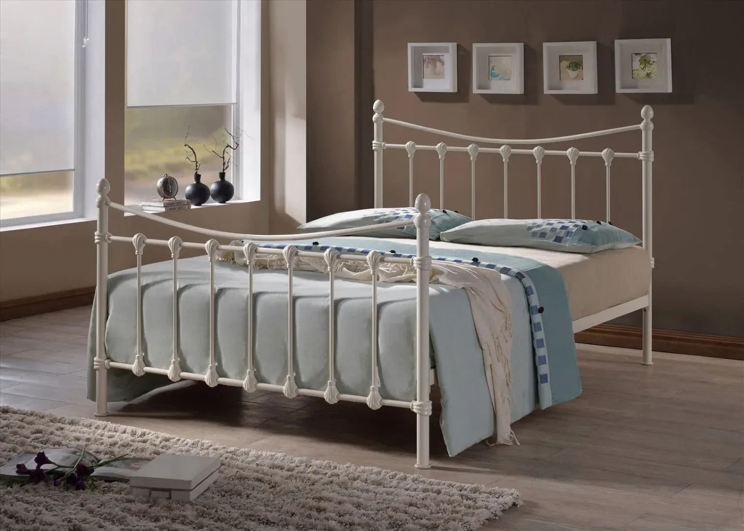 Double Bed Frame with Finials - Ivory, Metal