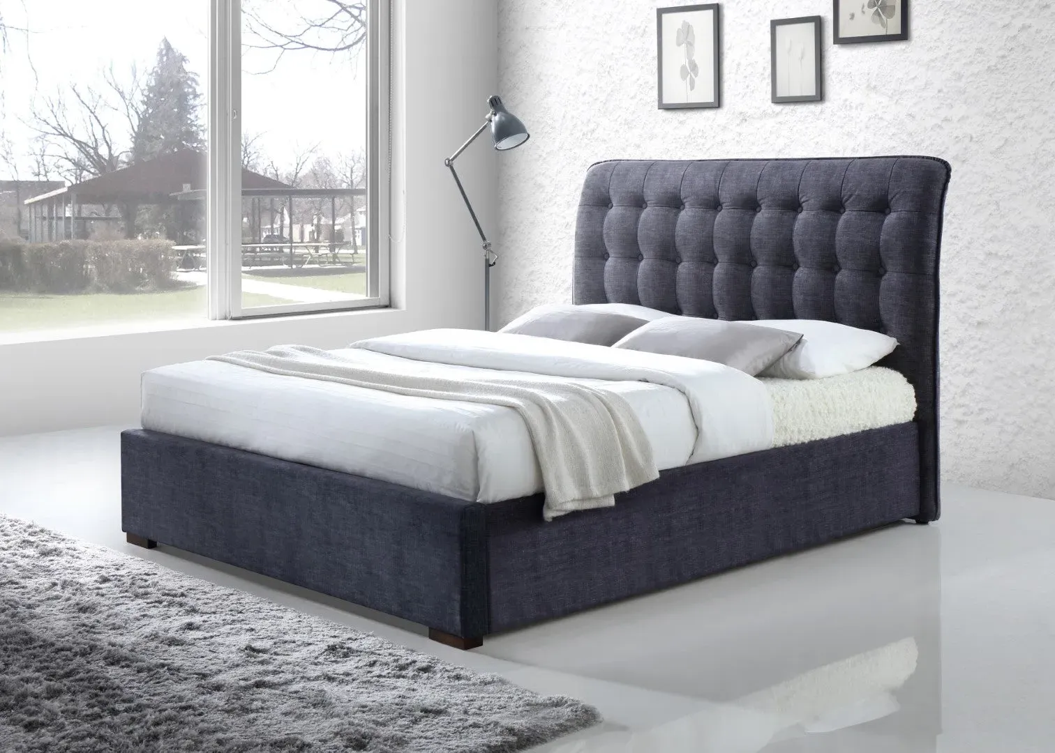 Double Bed Frame with Headboard - Dark Grey, Fabric image