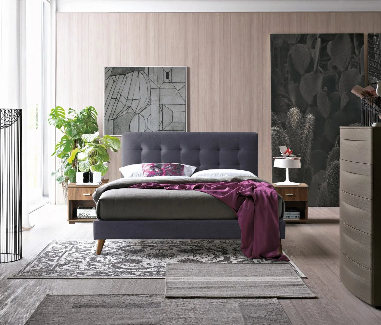 Double Bed Frame with Headboard - Dark Grey, Fabric image