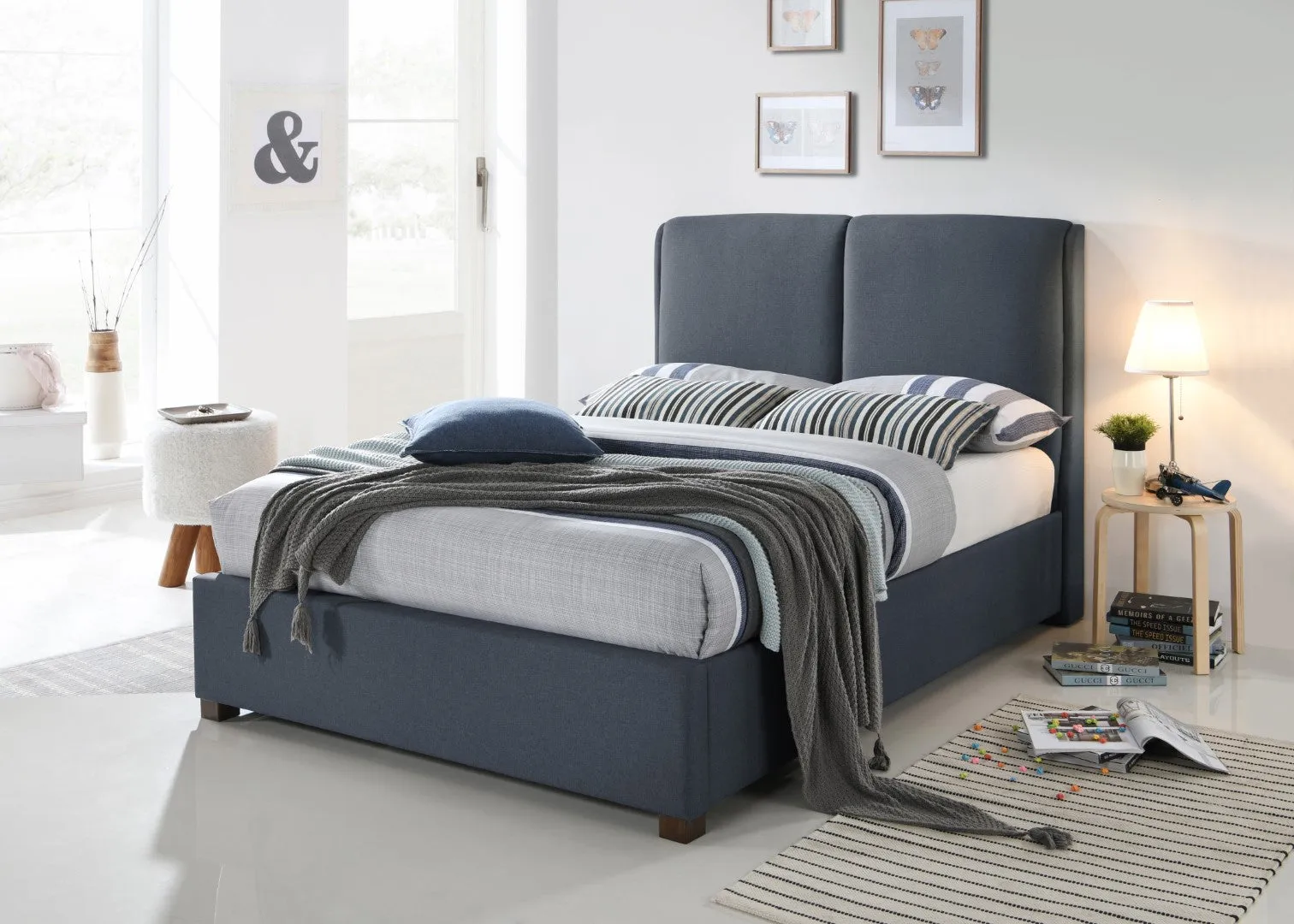Double Bed Frame with Headboard - Dark Grey, Fabric image