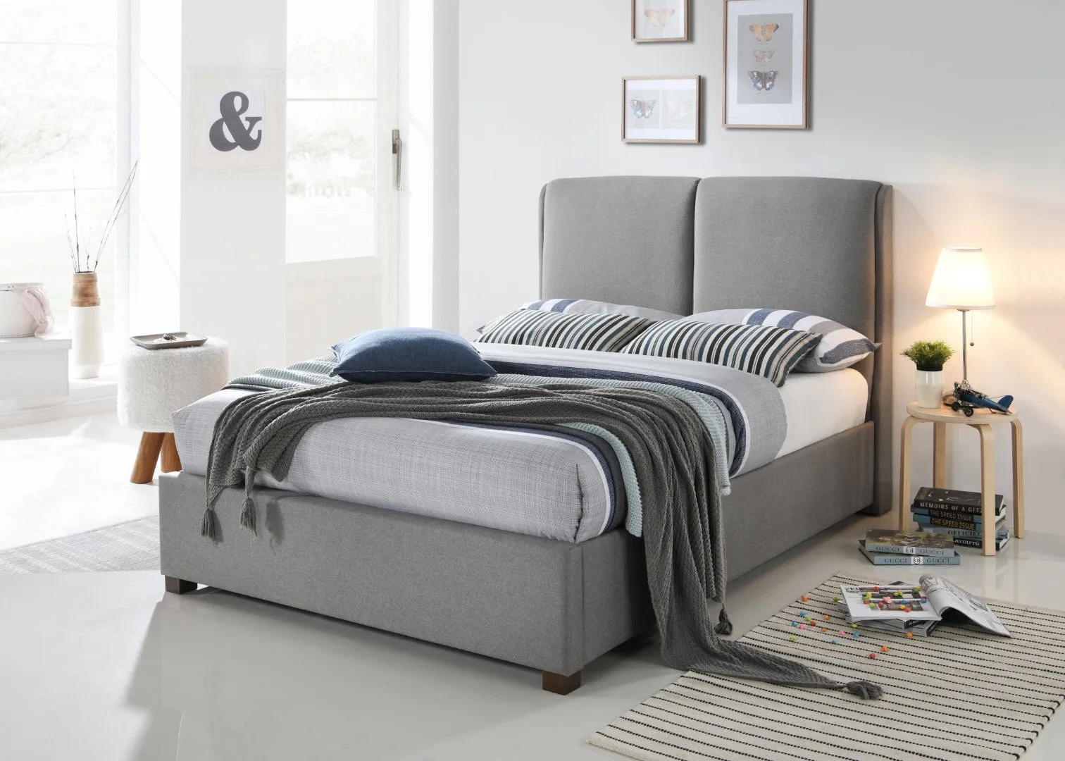 Double Bed Frame with Headboard - Light Grey, Fabric image