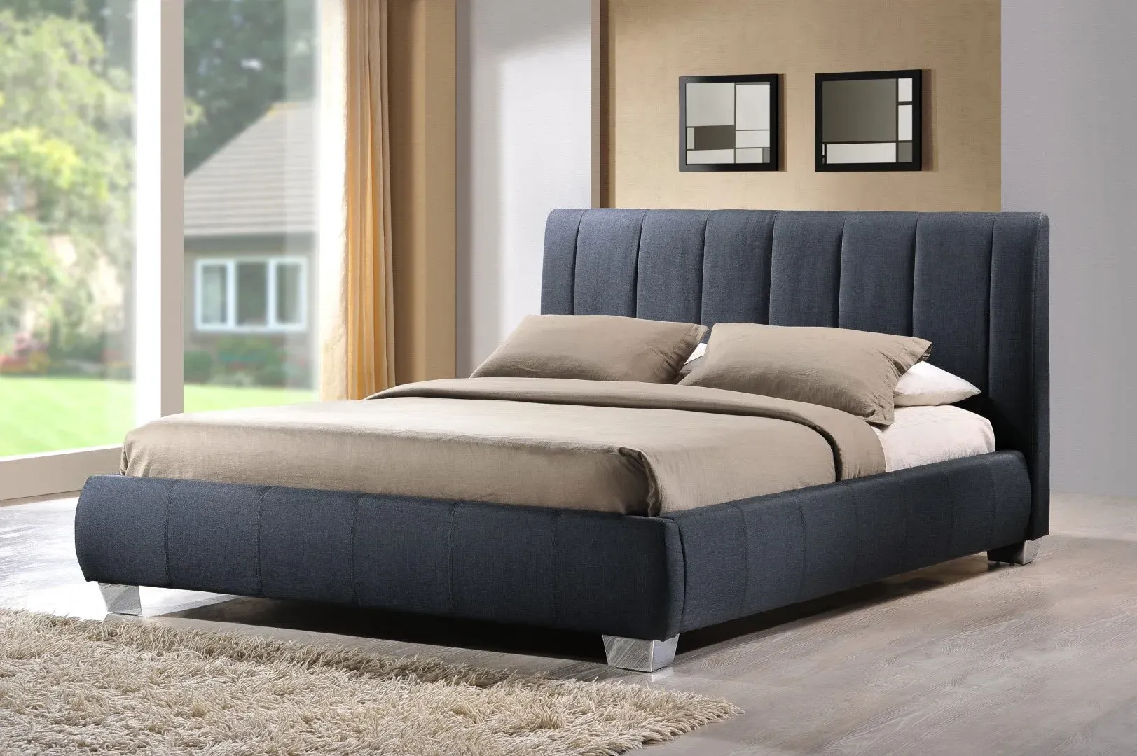 Double Bed Frame with Padded Headboard - Grey, Fabric image