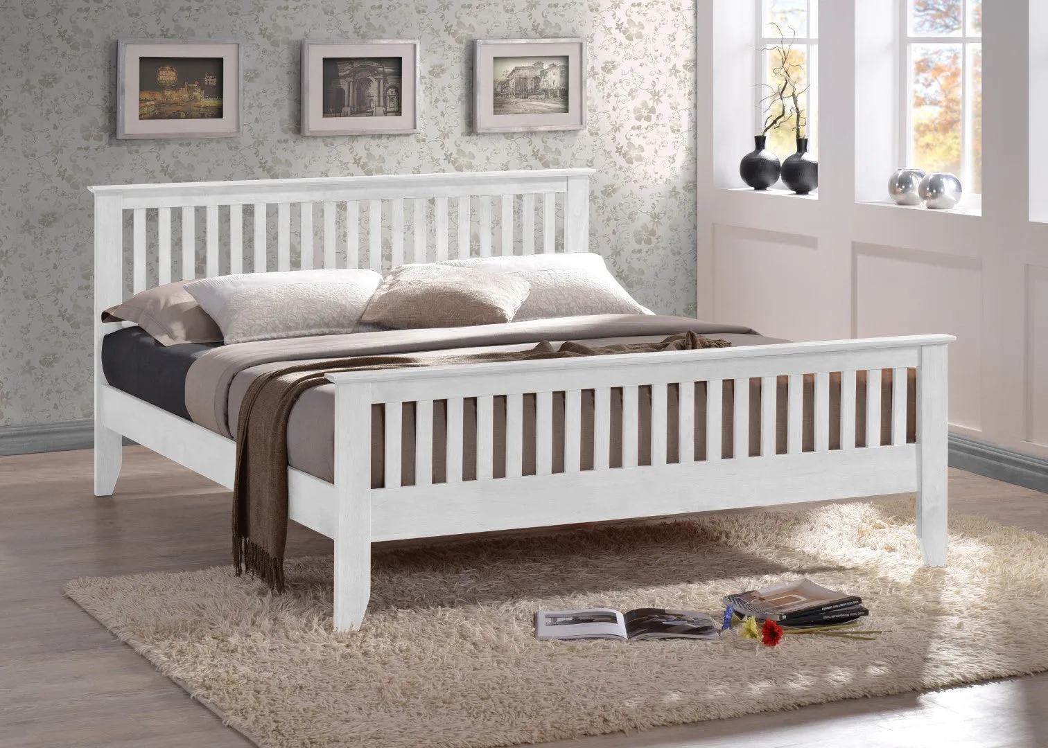 Double Bed Frame with Slats - White, Wood