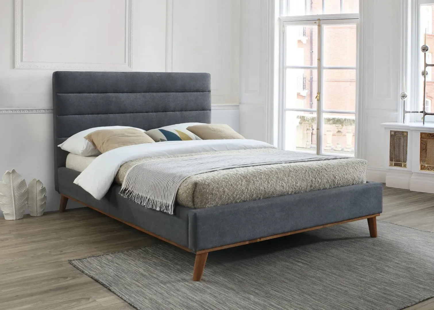 Double Bed Frame with Sprung Slats - Dark Grey, Fabric image