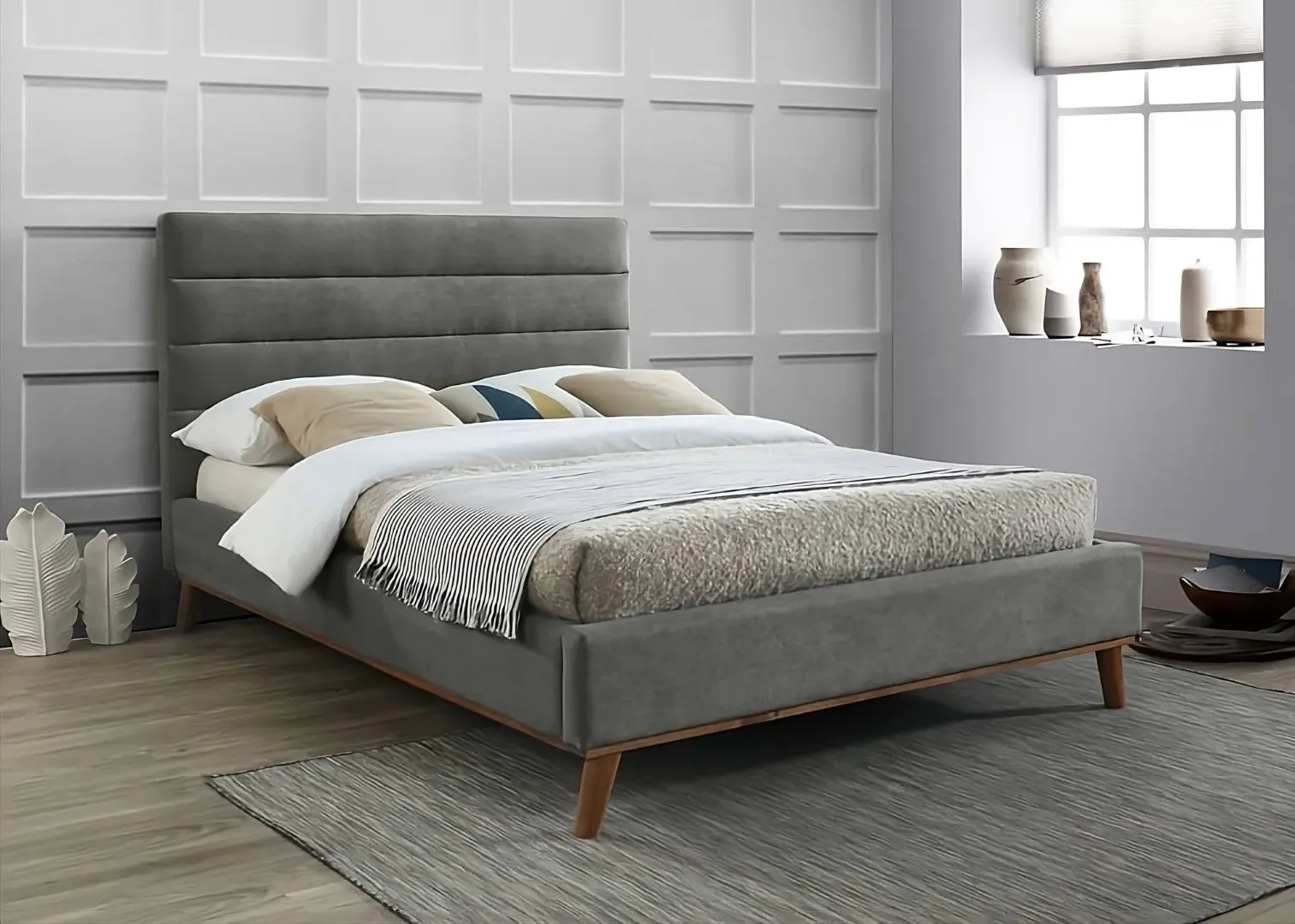 Double Bed Frame with Sprung Slats - Light Grey, Fabric image