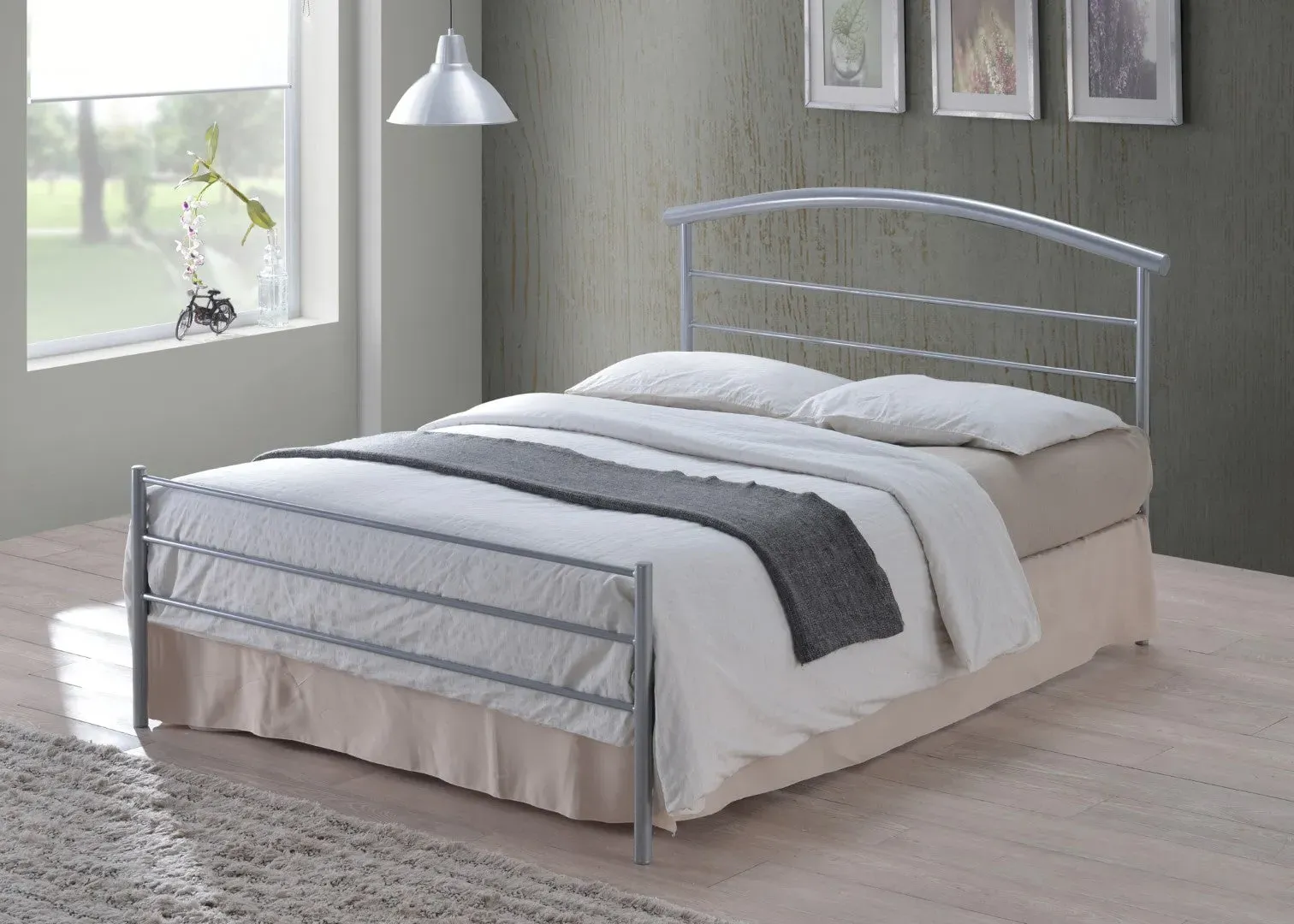 Double Bed Frame with Sprung Slats - Silver, Metal