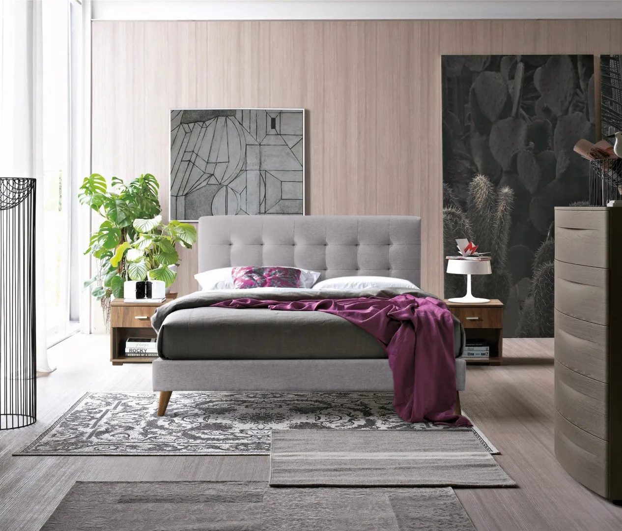 Double Bed Frame with Stitching - Grey, Fabric image