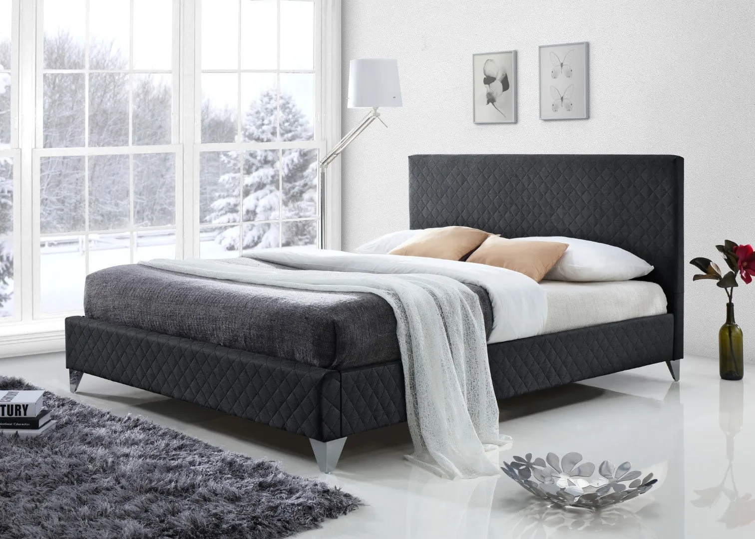 Double Bed Frame with Storage - Dark Grey, Fabric