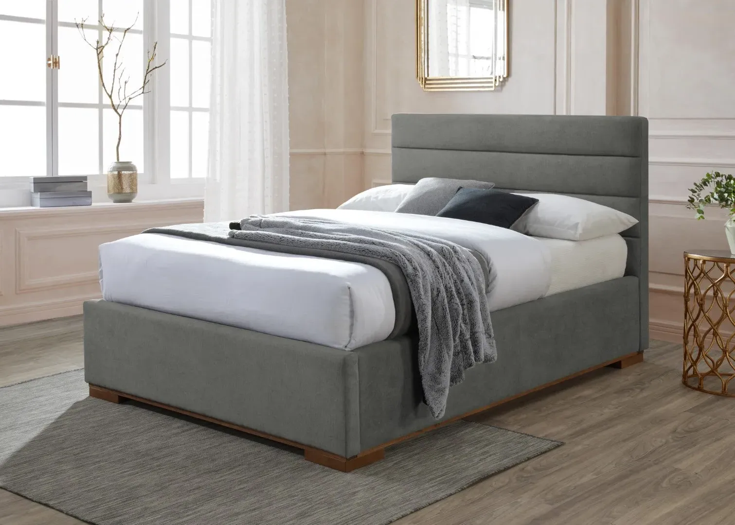 Double Ottoman Bed with Storage - Light Grey, Fabric