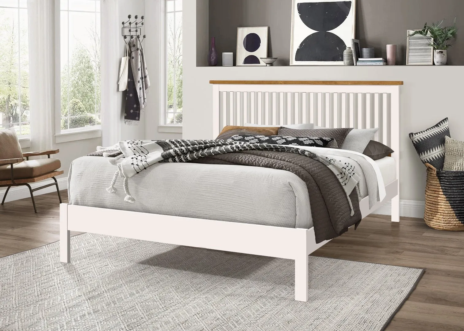 King Size Bed Frame Shaker Style - White, Wood