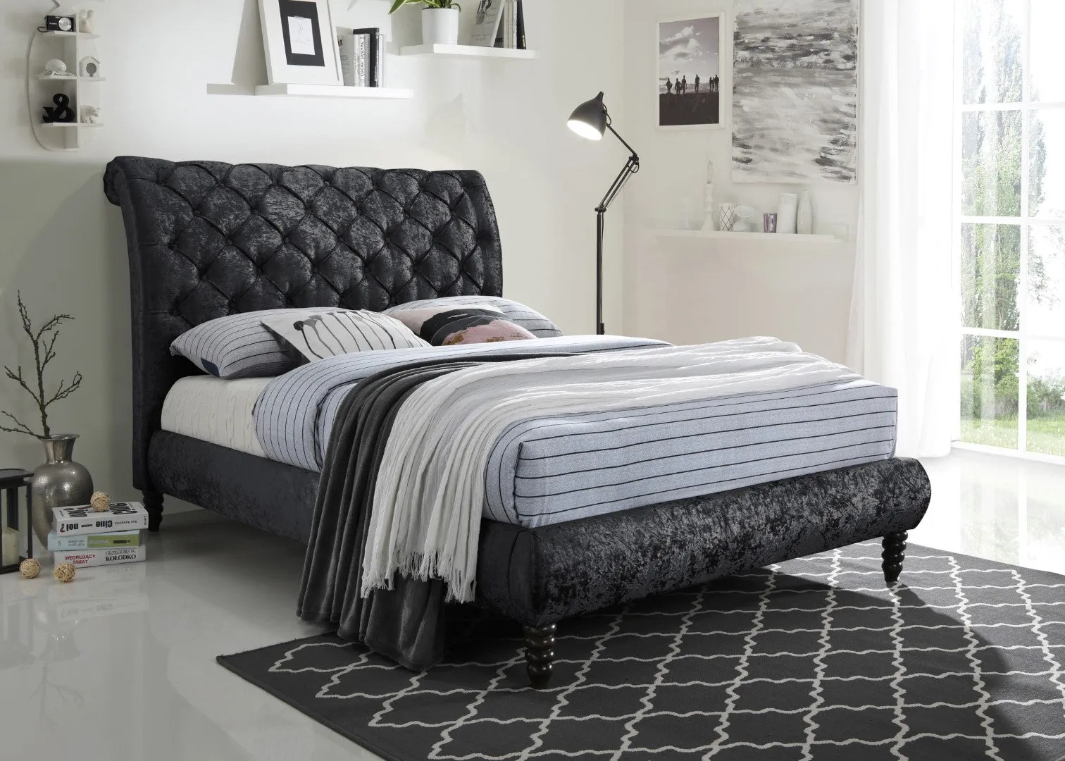 King Size Bed Frame with Headboard - Black, Velvet