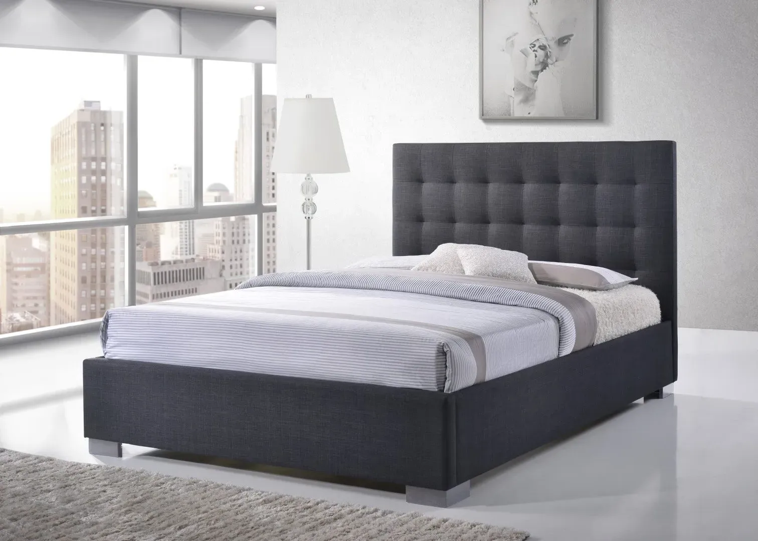 King Size Bed Frame with Headboard - Grey, Fabric
