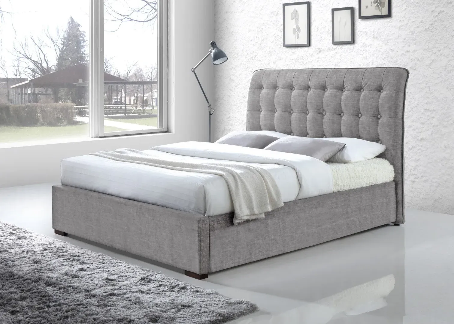 King Size Bed Frame with Headboard - Light Grey, Fabric