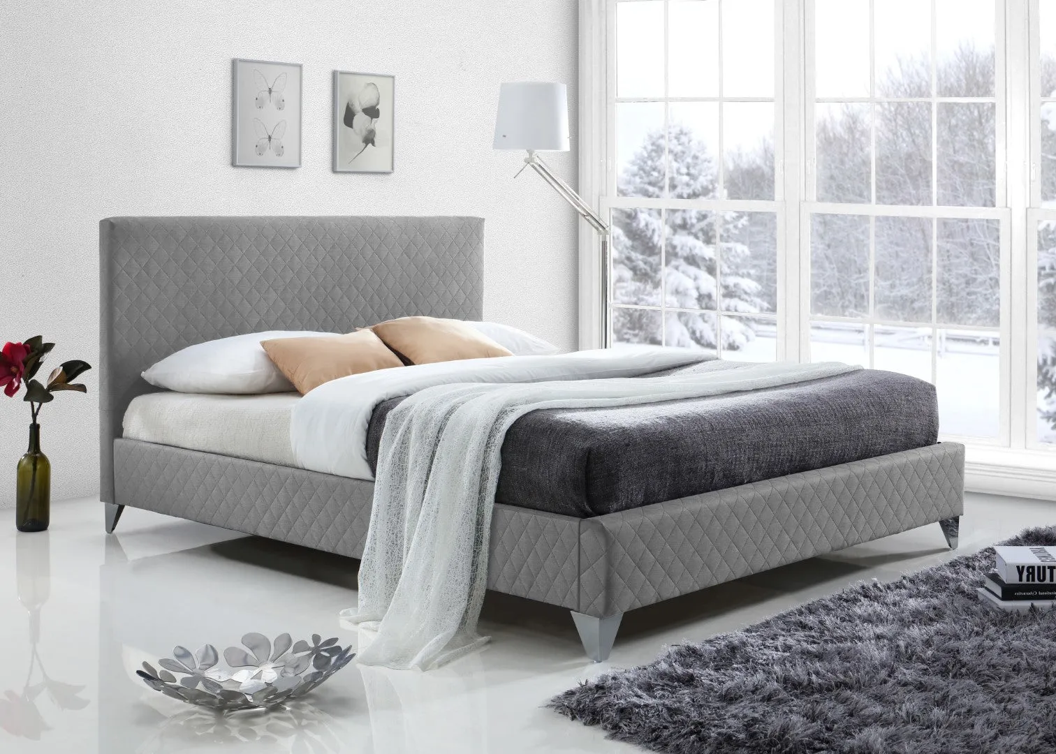 King Size Bed Frame with Storage - Light Grey, Fabric