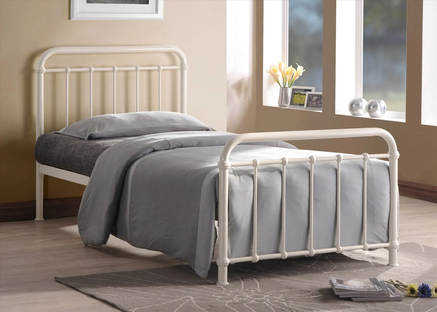 Single Bed Frame Victorian Style - Ivory, Metal image
