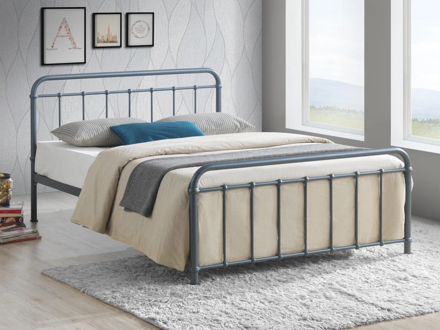 Small Double Bed Frame Victorian Style - Grey, Metal image