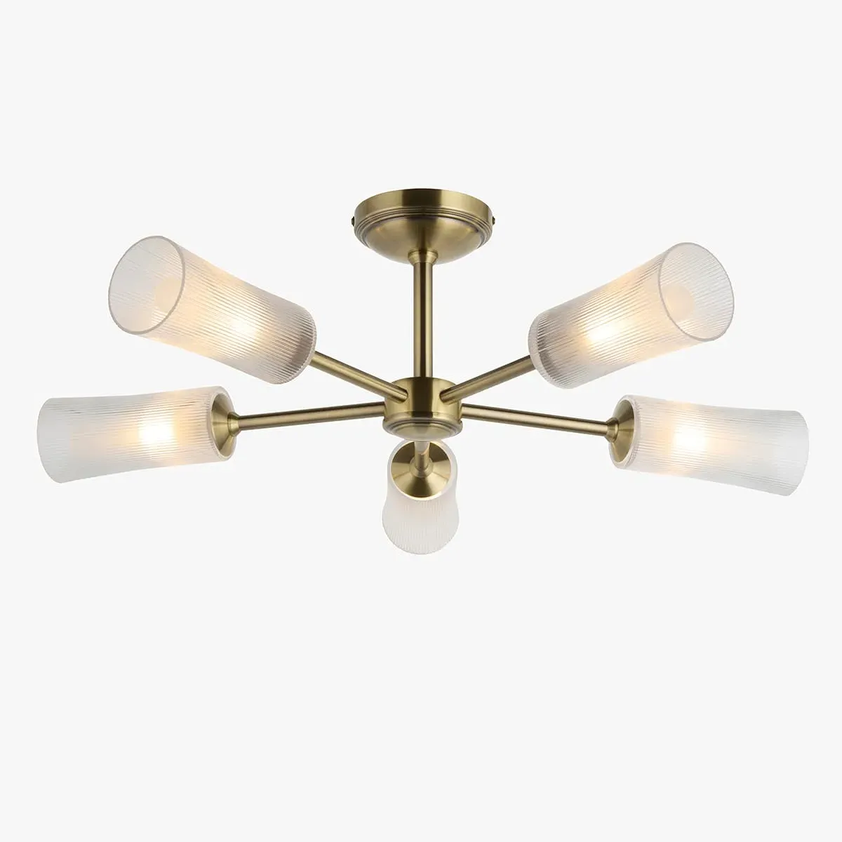 Adana 5-Light Semi Flush Ceiling Light - Antique Brass, Clear Ribbed Glass by Perch & Parrow