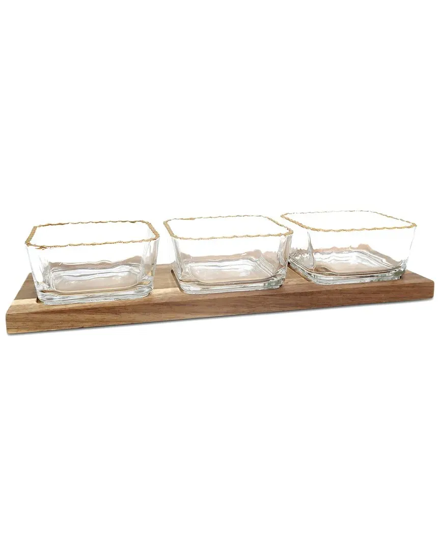 3 Bowl Relish Dish on Wooden Base - Brown, Glass