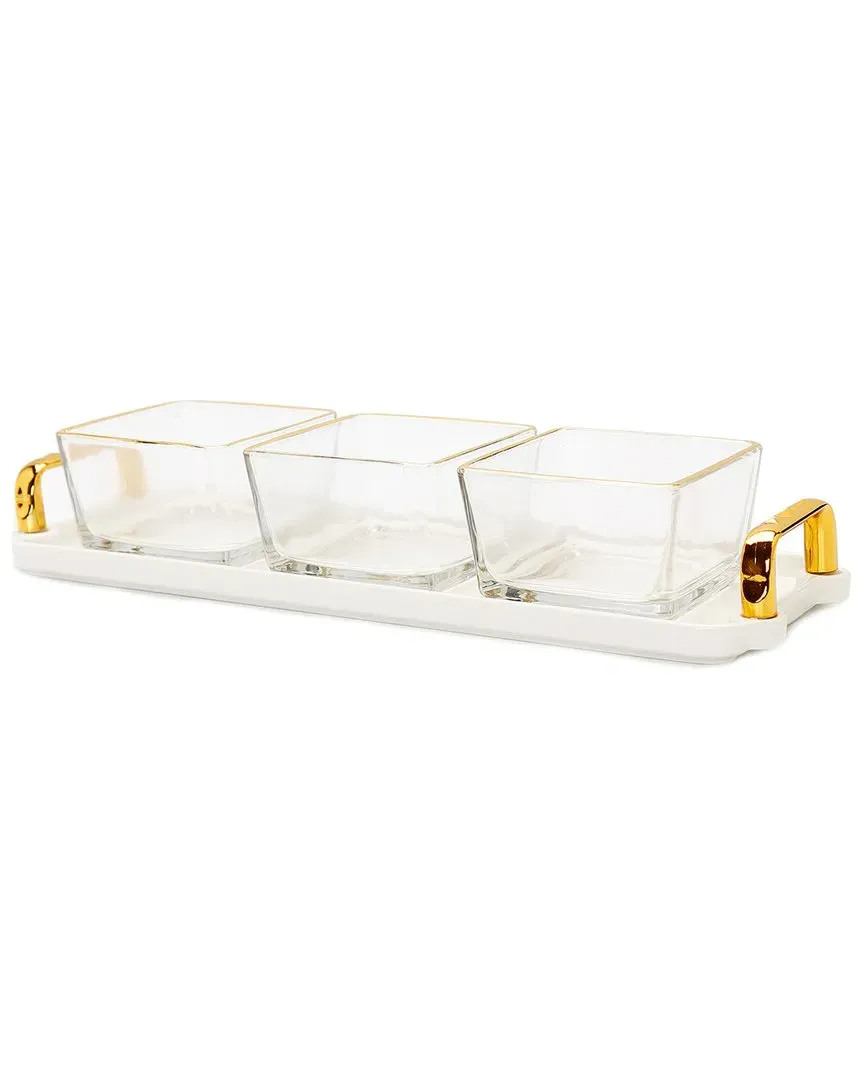 3 Bowl Serving Dish Tray with Glass Bowls - Clear, Gold image