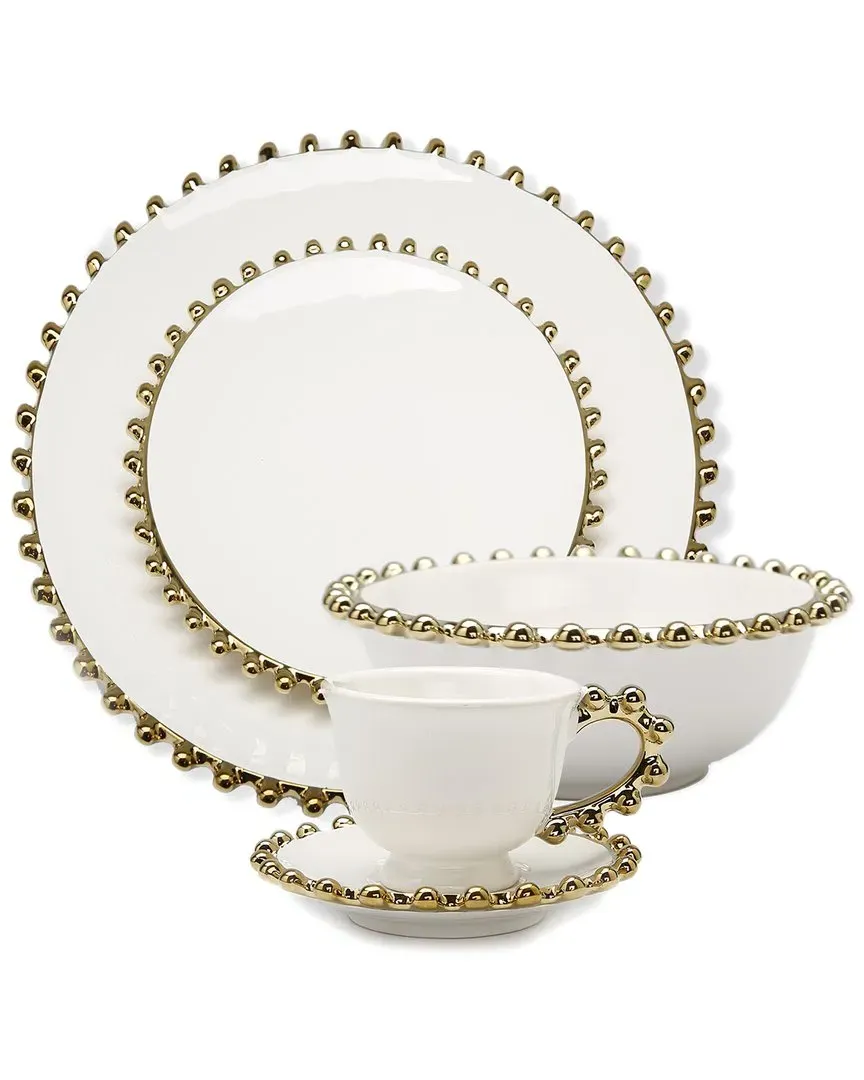 Alice Pazkus 4 Piece Dinner Set Beaded Border - White, Porcelain image