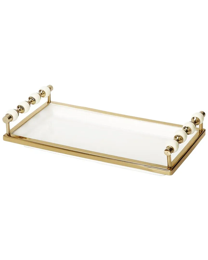 Rectangular Tray with Beaded Handles - White, Glass image