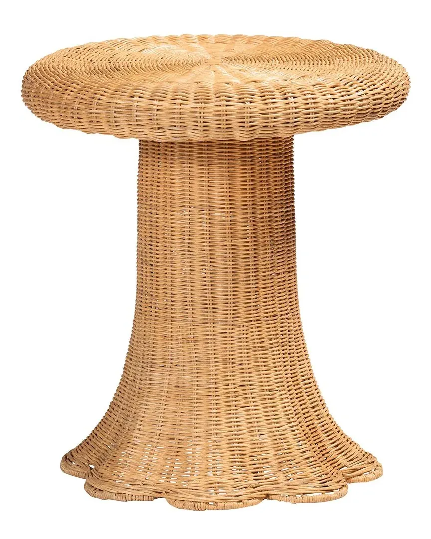 Avalon Round Pedestal Side Table with Scallop Edge - Rattan image