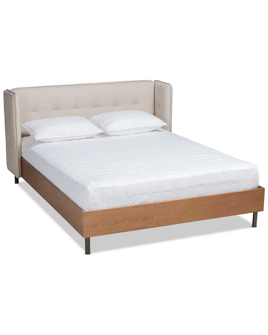 Catarina Queen Size Wingback Platform Bed - Light Beige, Walnut