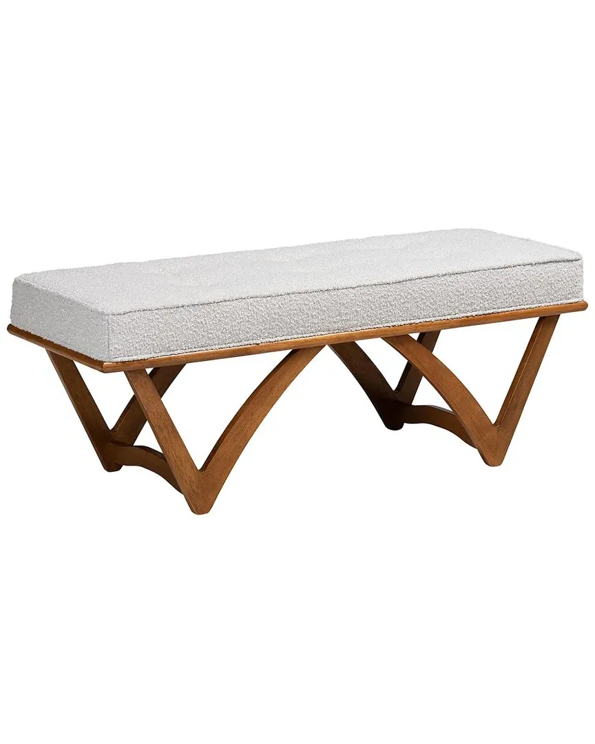 Chenoa Bench with Button Tufting - Light Grey, Boucle