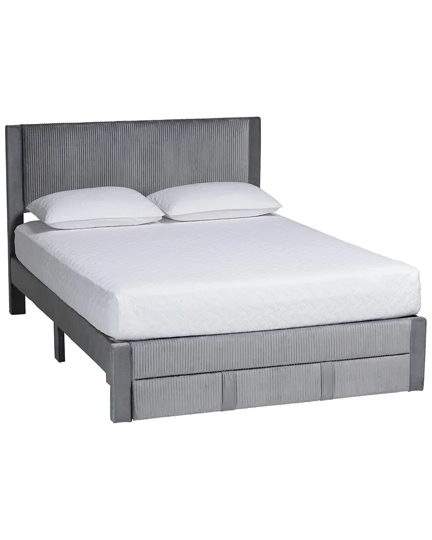 Elora Queen Size Storage Bed with Pleated Design - Grey, Velvet image