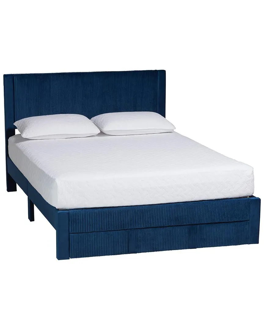 Elora Queen Size Storage Bed with Pleated Design - Navy, Velvet