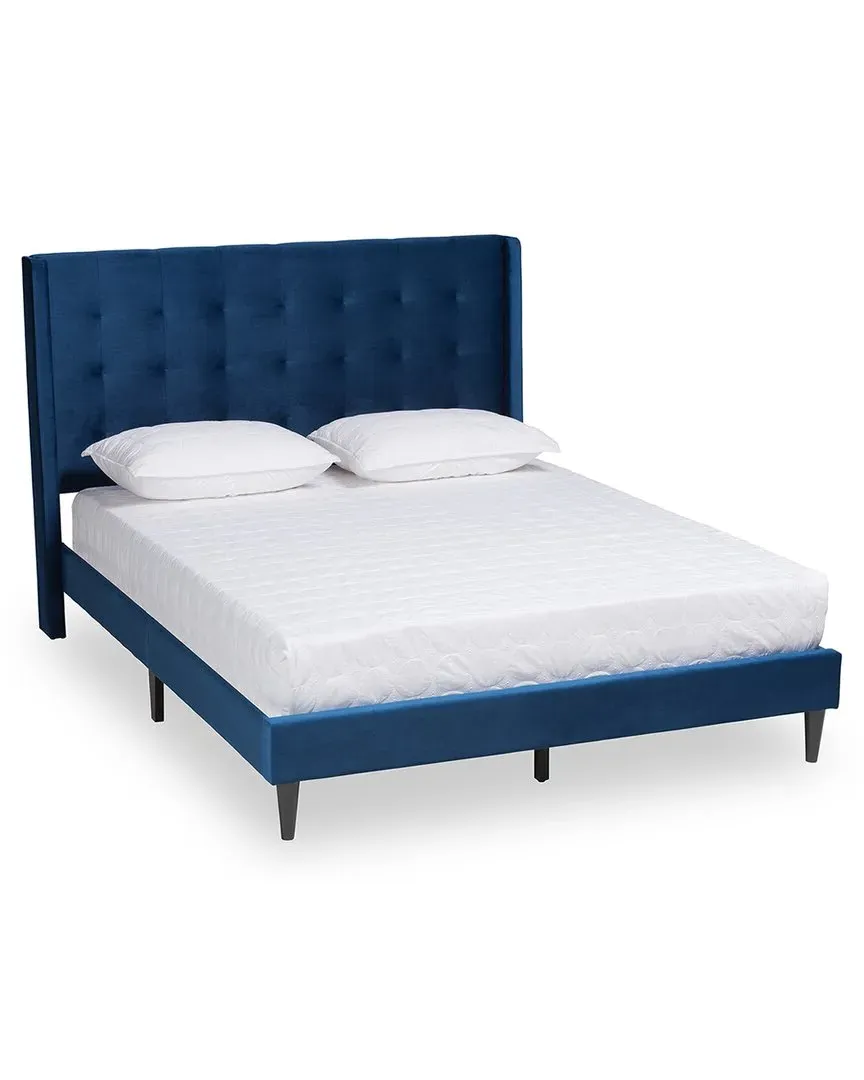 Gothard Queen Size Platform Bed - Navy Blue, Velvet