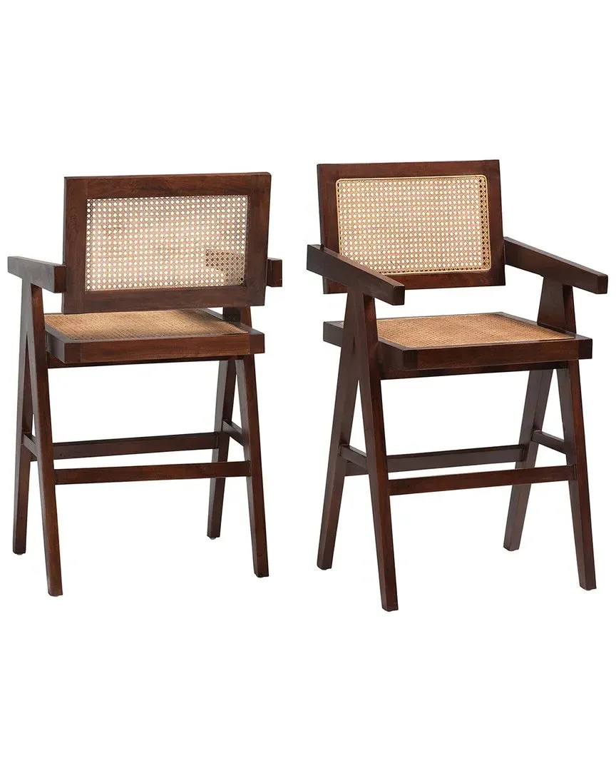 Kresna Counter Stool Set with Armrests - Dark Walnut, Rattan