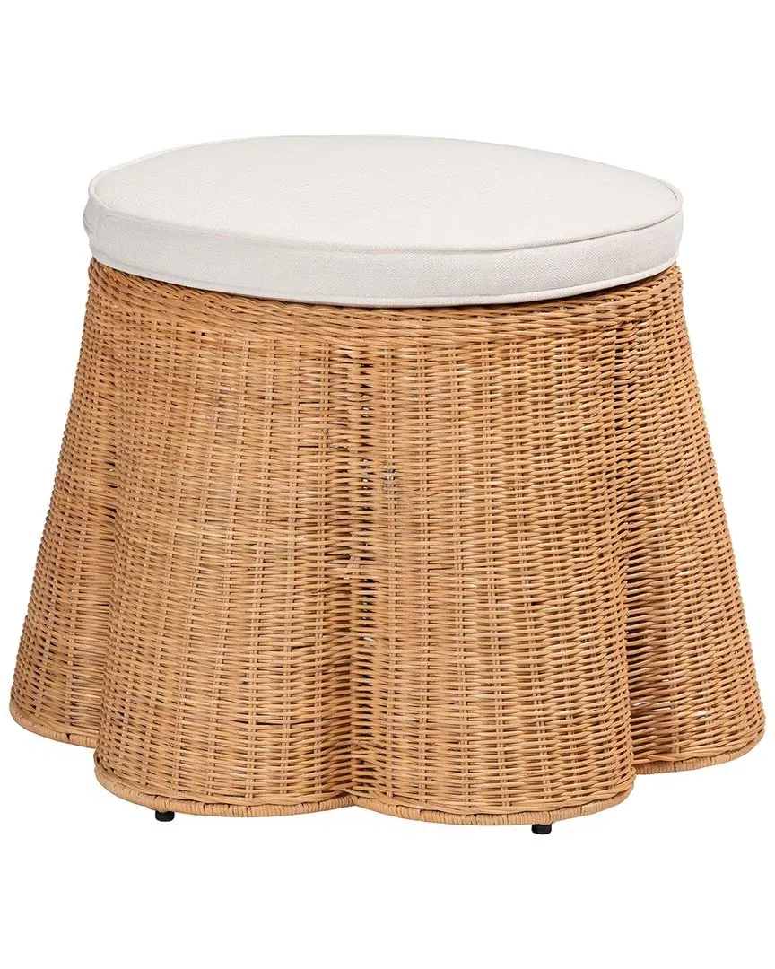 Palm Round Scallop Ottoman with Cushion - Honey, Rattan