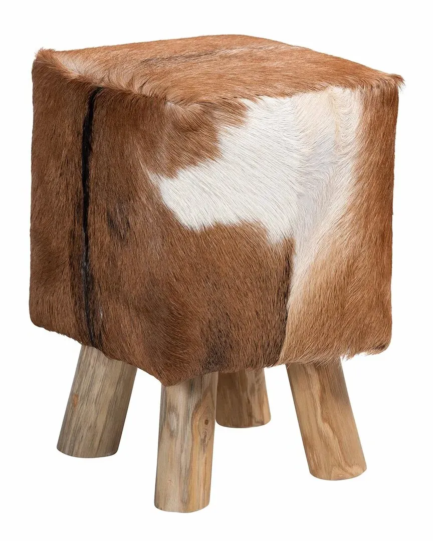 Scotlyn Genuine Goat Leather Footstool - Brown, Teak Wood image