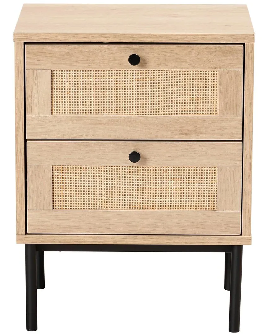 Sherwin 2-Drawer End Table with Rattan Accent - Light Brown