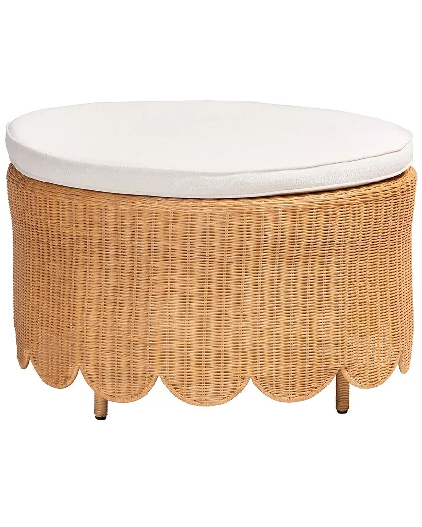 Teresa Round Scalloped Rattan Ottoman - Light Honey