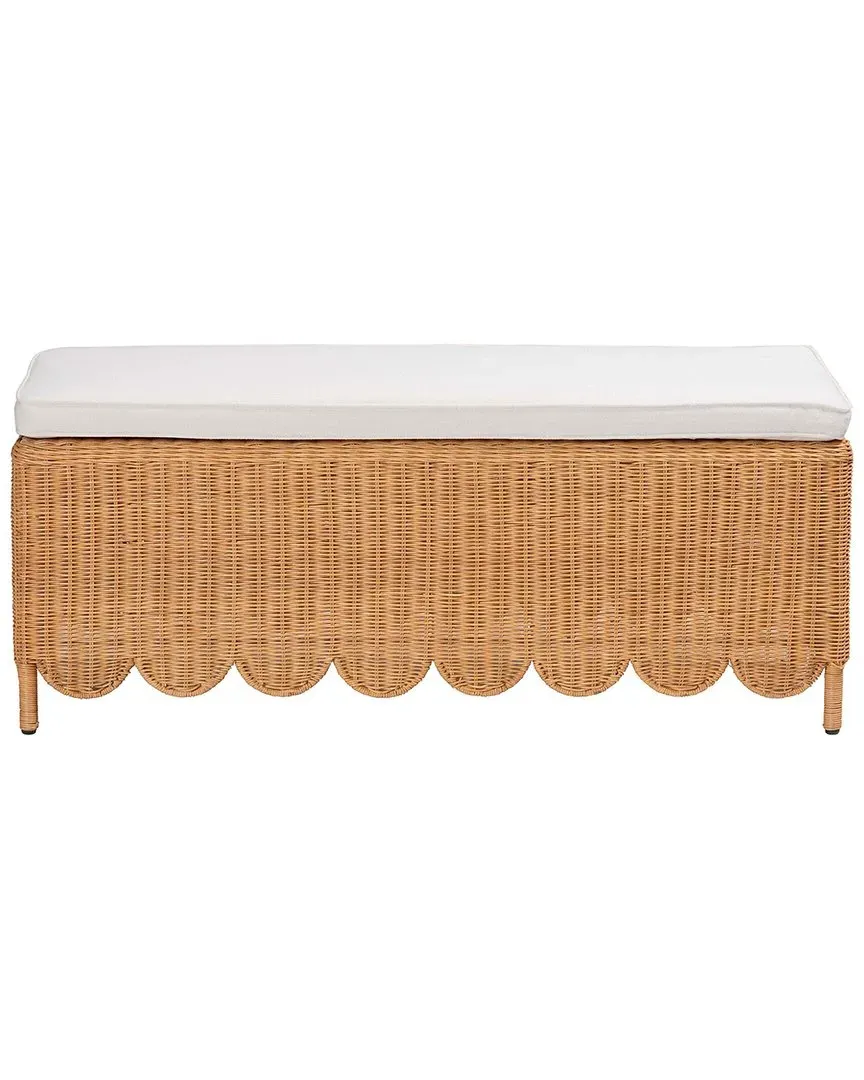 Teresa Scalloped Rattan Ottoman Bench - Light Honey image