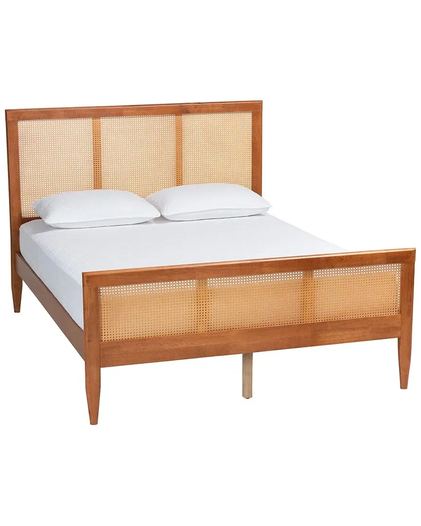 Walthard King Size Platform Bed with Woven Rattan - Light Walnut