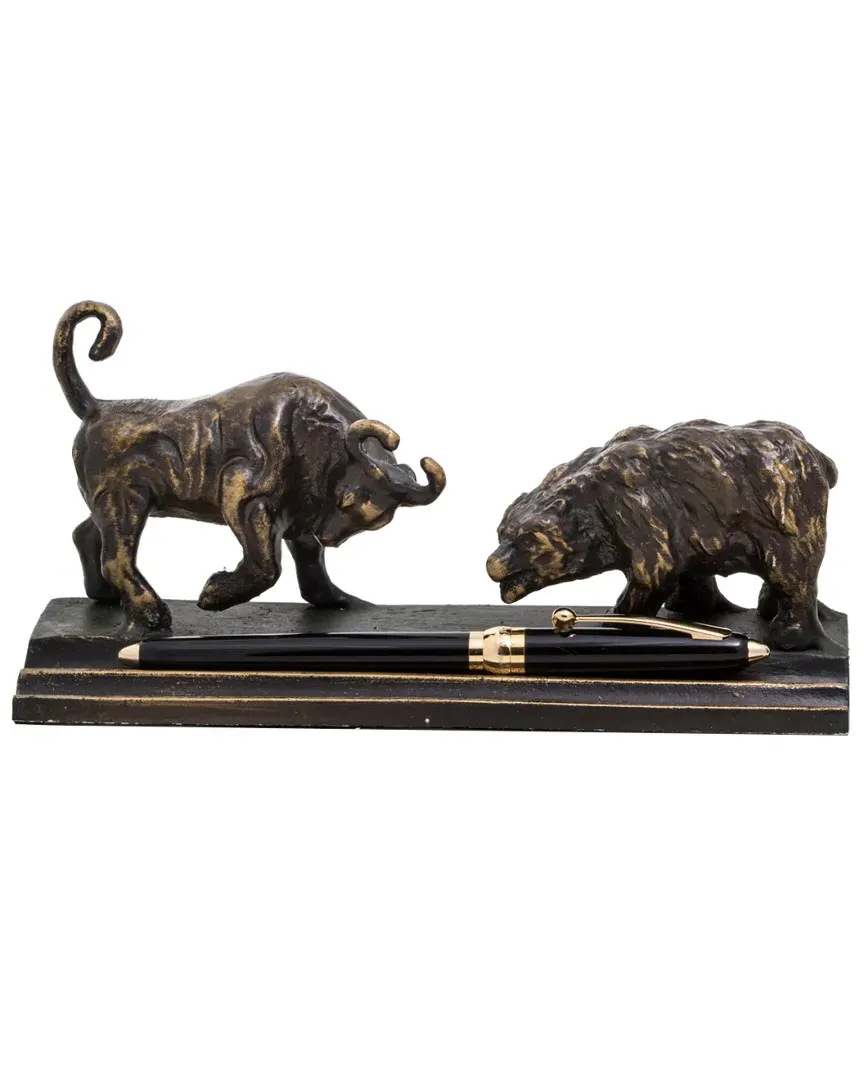 Cast Metal Bull & Bear Double Pen Holder - Black, Bronze image