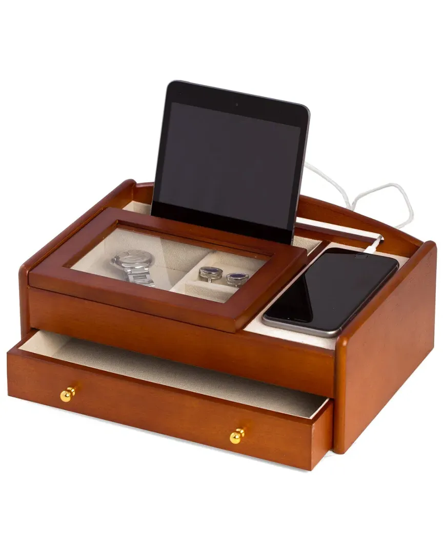 Cherry Wood Valet Box with Storage - Brown image